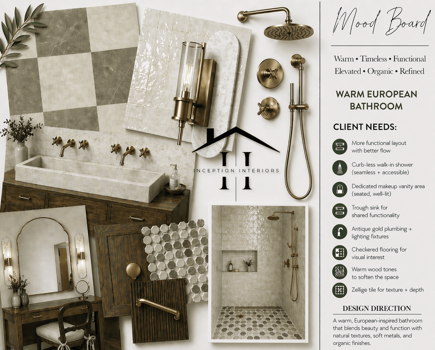 Warm European bathroom mood board with tile, brass fixtures, and client need callouts from Inception Interiors