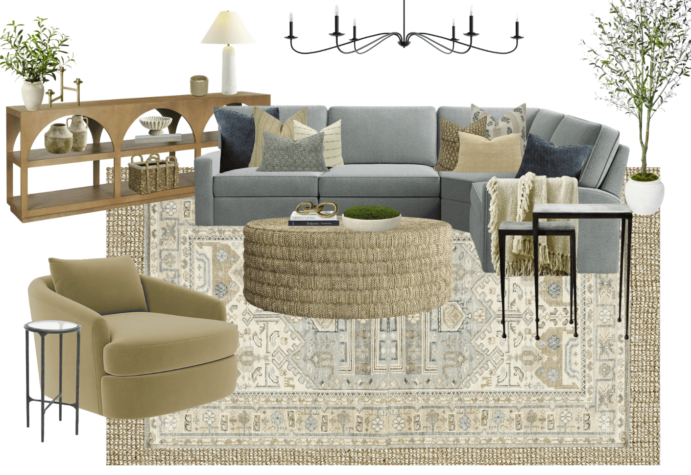 Flat-lay mood board of a sectional sofa, woven ottoman, console table, and accent chair arranged for a living room design